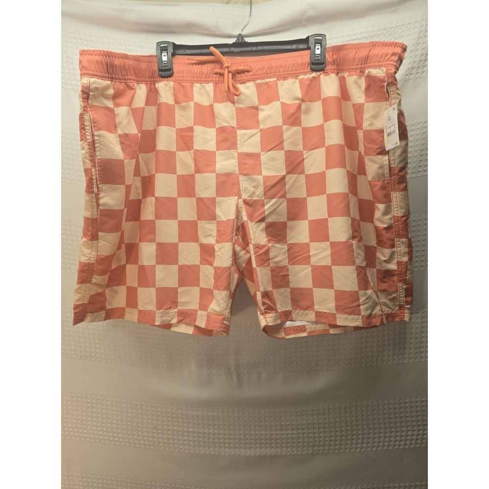 Mad Engine Swim Trunks Size XXL Checker Print Mens Drawstring Orange Beach 5643